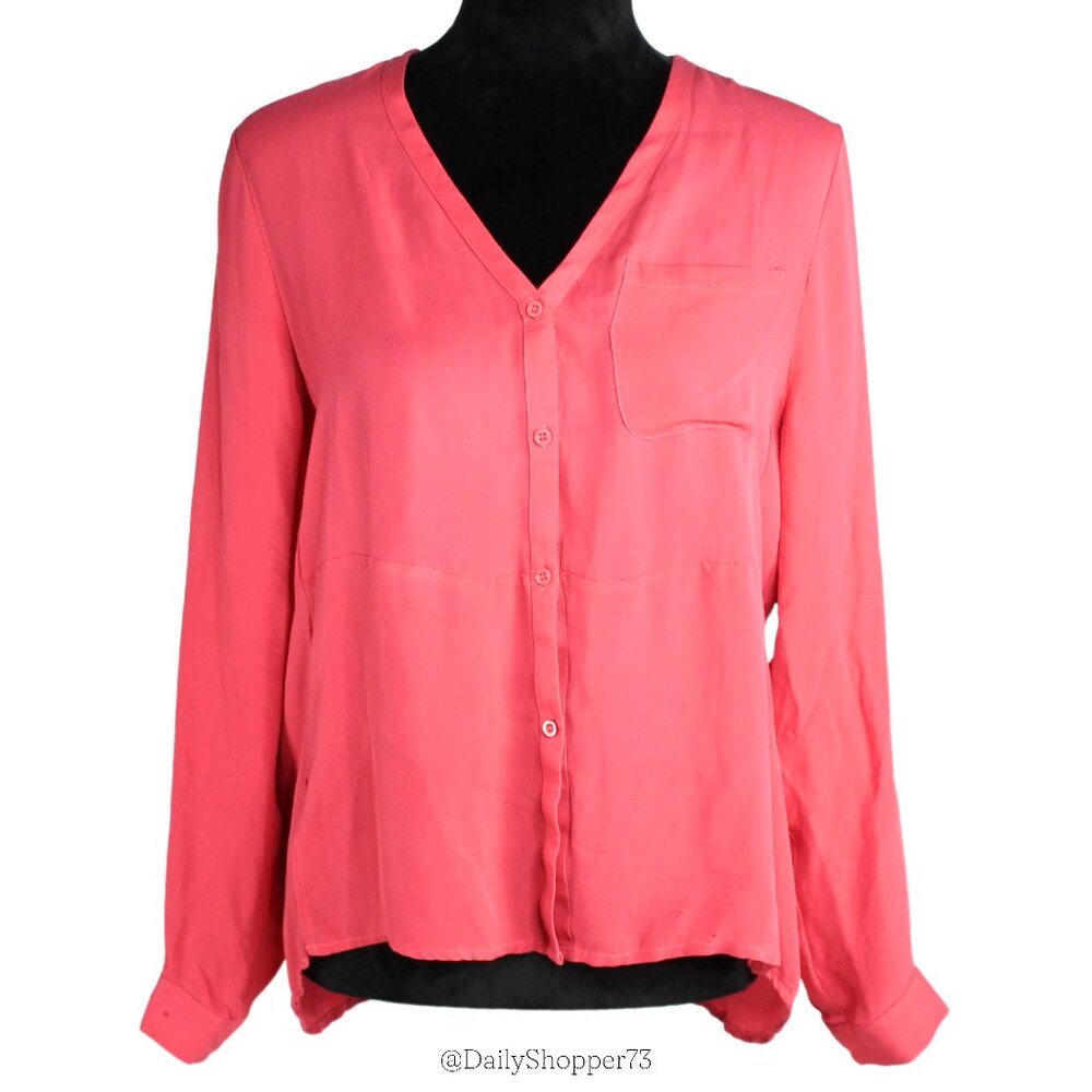 Ecru Women's 100% Silk Button Up V-Neck Long Sleeve Blouse